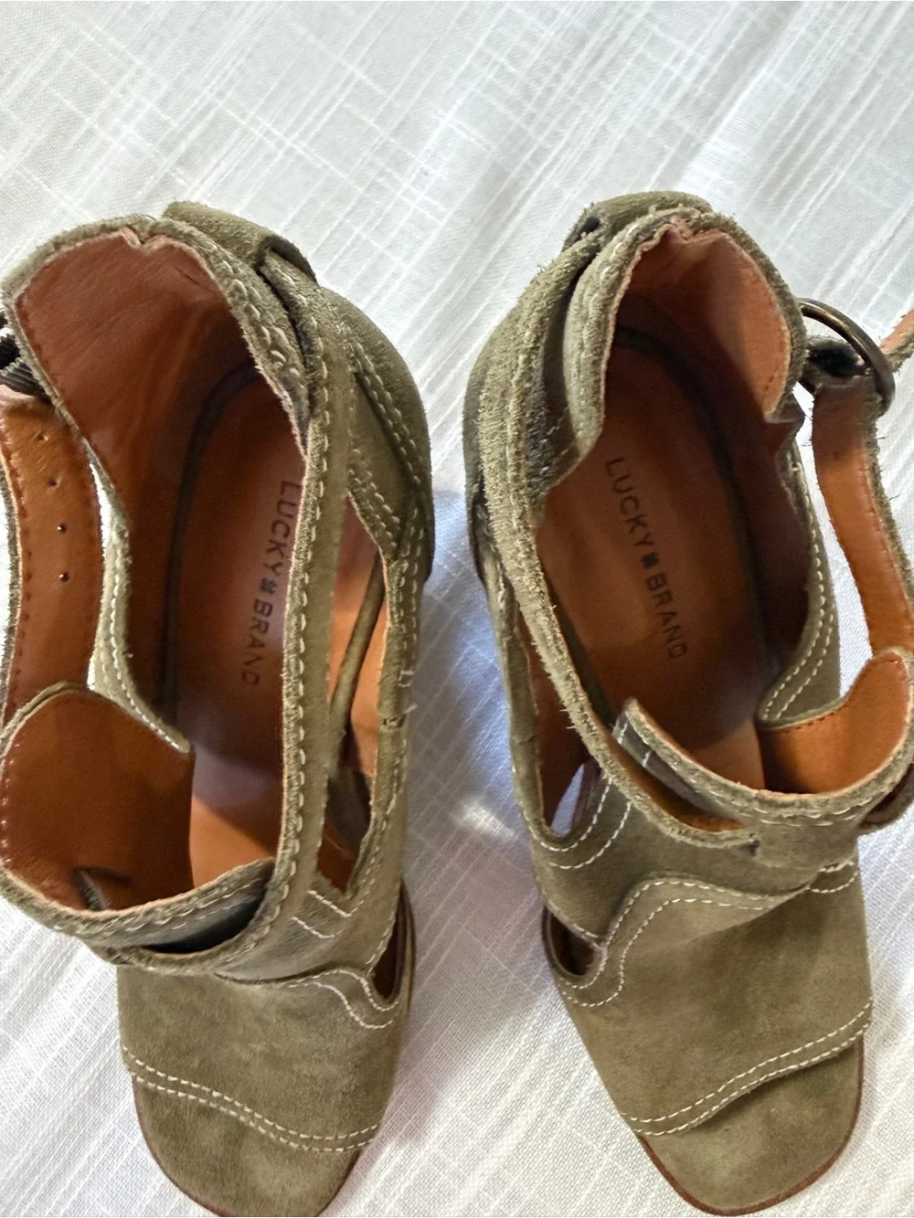 Lucky Brand Olive Green Suede Peep-Toe Wedge Sandals